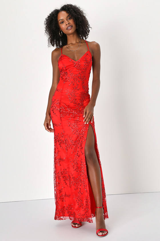 Lulus Blissful Blossoms Red Sequin Backless Maxi Dress