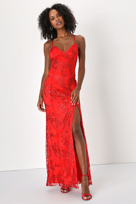 Blissful Blossoms Red Sequin Backless Maxi Dress