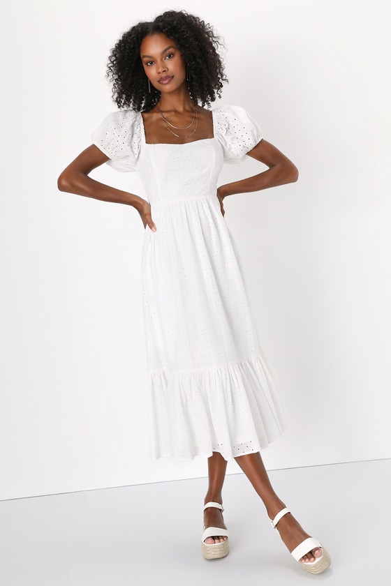 White Eyelet Midi Dress - Puff Sleeve Midi Dress - Babydoll Dress - Lulus