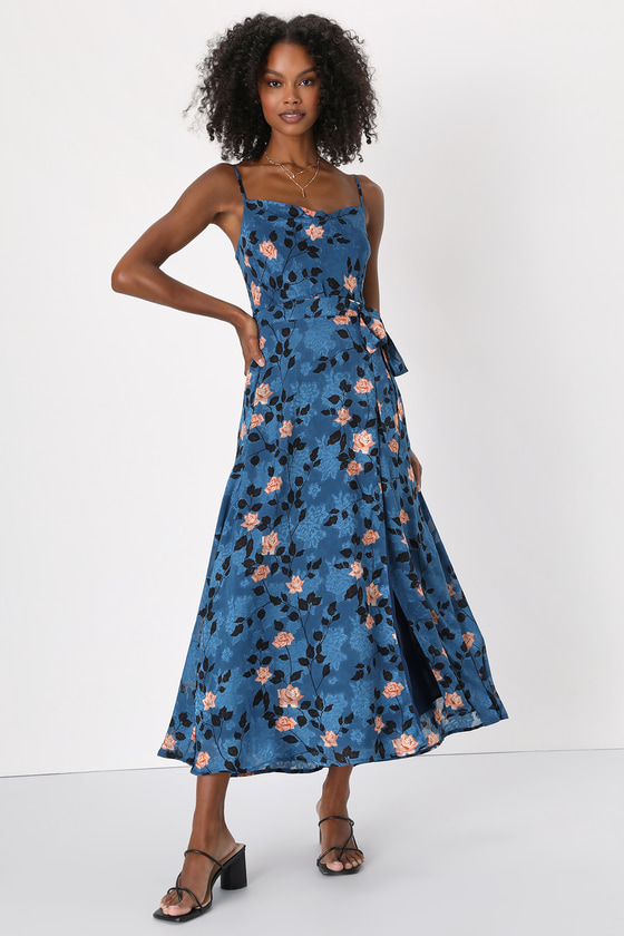 Lulus Dramatic Darling Blue Floral Print Cowl Faux Wrap Maxi Dress