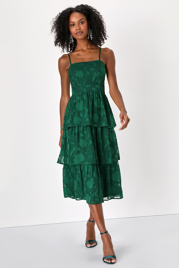 Emerald Midi Dress - Jacquard Midi Dress - Tiered Midi Dress - Lulus