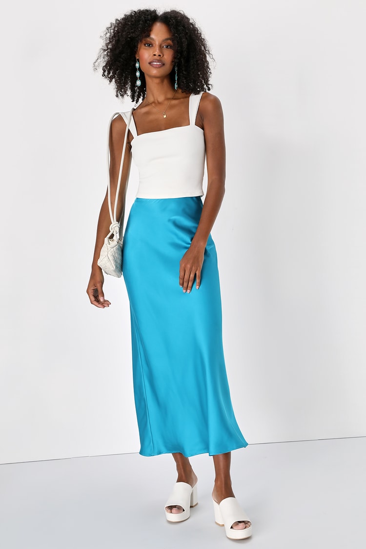 Turquoise Midi Skirt - Satin Midi Skirt - High-Waisted Skirt - Lulus