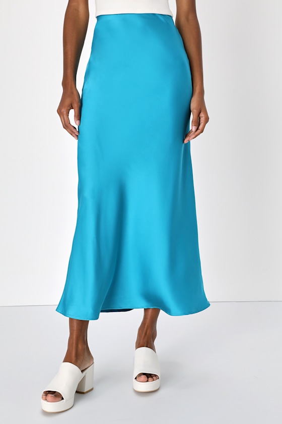 Chasing Charm Turquoise Blue Satin High-Waisted Midi Skirt 2