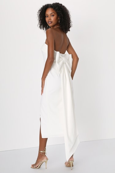 Fabulous Phenomenon White Strapless Bow Midi Dress | Bridal Shower Dress