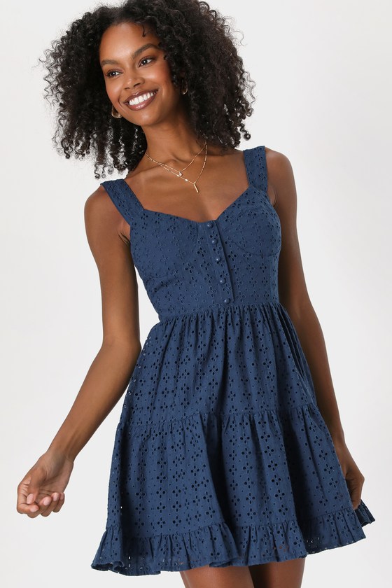 Navy Eyelet Dress Embroidered Skater Dress Cotton Mini Dress