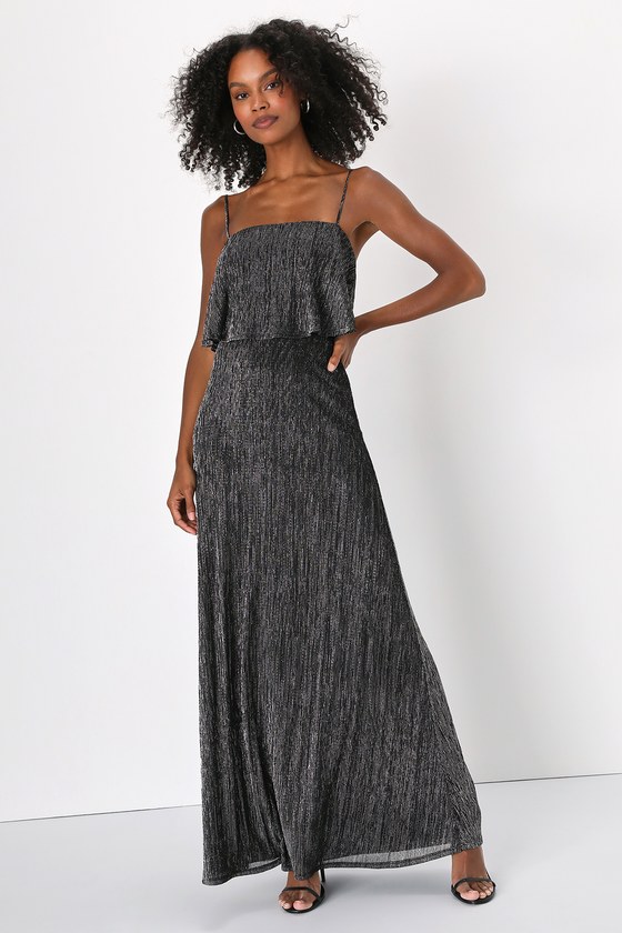 Lulus Elegant Shimmer Shiny Black And Silver Plisse Maxi Dress