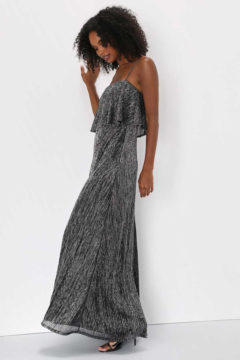 Maxi Dress Dress Black Silver Shiny Black And Silver Dress Plisse Lurex Dress  Maxi Dress Lulus