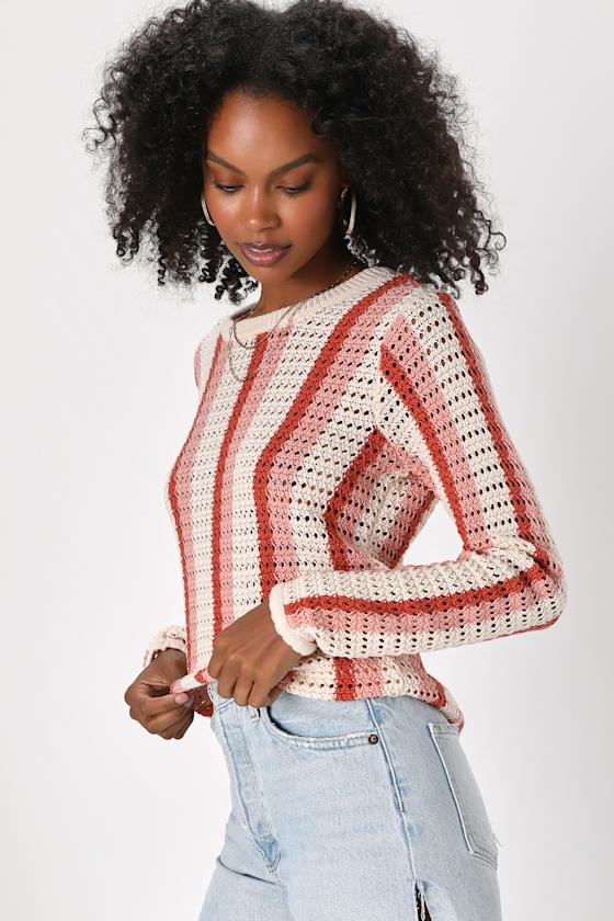Retro Em Gee Pink Multi Striped Crochet Pullover Sweater 1