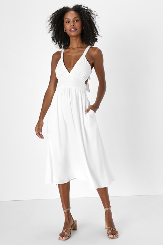 Lulus Bold New Look White Tie-back Midi Dress With Pockets ModeSens
