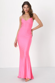 Flirtatious Glamour Hot Pink Rhinestone Backless Maxi Dress