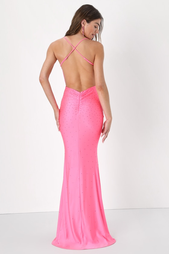 Shop Lulus Flirtatious Glamour Hot Pink Rhinestone Backless Maxi Dress