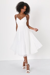Sweet Serenade White Tulle Swiss Dot Surplice Midi Dress
