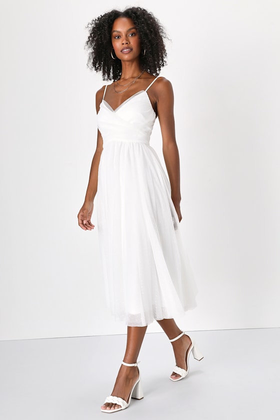 White Swiss Dot Dress - Tulle Midi Dress - Surplice Midi Dress - Lulus