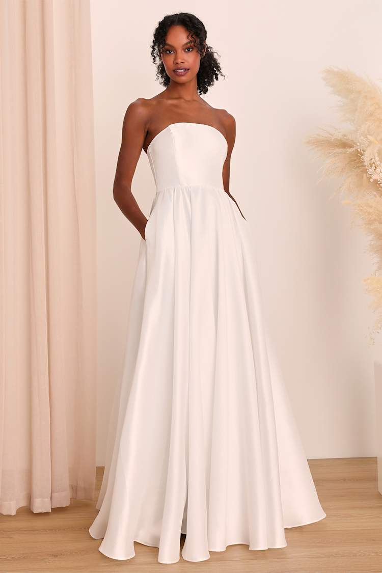 white strapless bridesmaid dress A-Line Strapless White Wedding Dress Simple Wedding Dresses WD717 US2 / Custom Color main image 0