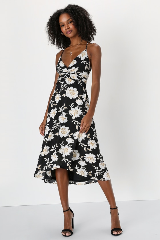 Lulus Easily Elevated Black Floral Print Knotted Faux-wrap Midi Dress