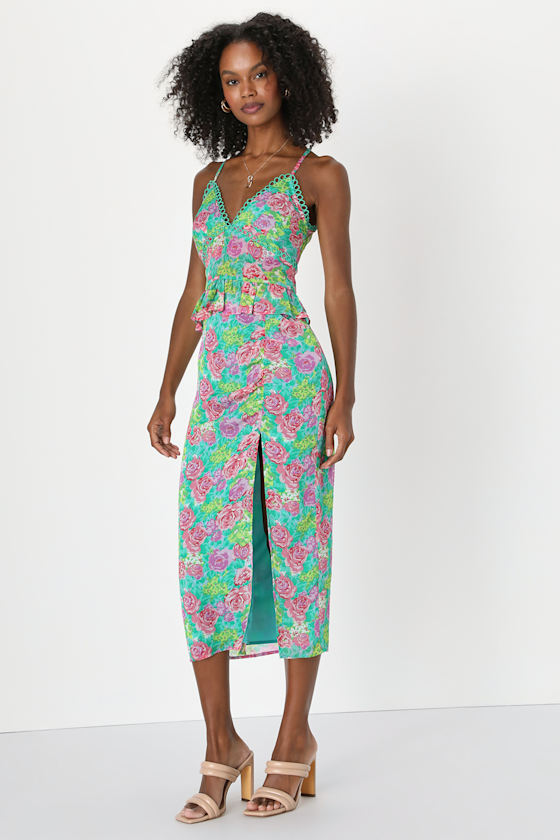 Bouquet, Girl, Hey Green Floral Print Ruched Slit Midi Skirt 1