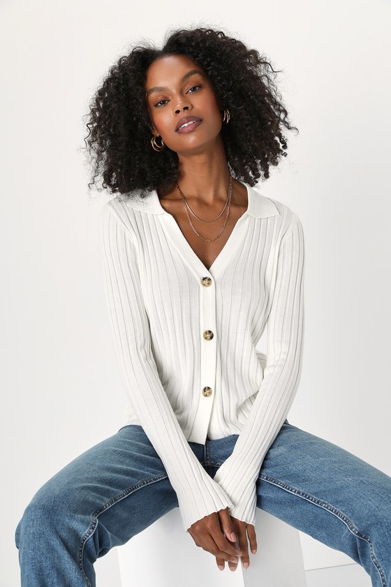 Ivory Sweater Top Ribbed Knit Top Ivory Button Up Sweater Top