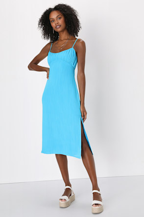 Teal Blue Dress - Empire Waist Dress - Slit Midi Dress - Lulus
