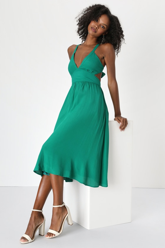 Lulus Bold New Look Green Tie-back Midi Dress With Pockets