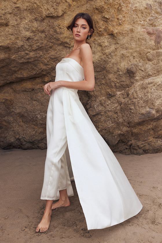 Romantic Eternity Ivory Satin Strapless Jumpsuit With Overskirt 1