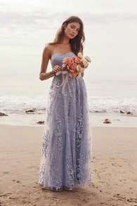 Andria Slate Blue Embroidered Strapless Maxi Dress