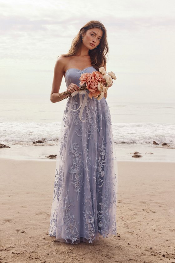 Andria Slate Blue Embroidered Strapless Maxi Dress 6