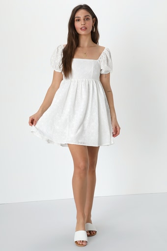 Fit to Frolic White Eyelet Lace Puff Sleeve Babydoll Dress