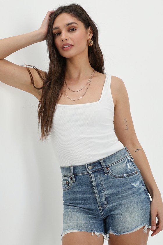 Bottom Line Medium Wash High Rise Vintage Cutoff Denim Shorts