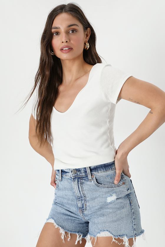 Troublemaker Light Wash Distressed High-Rise Cutoff Denim Shorts 1