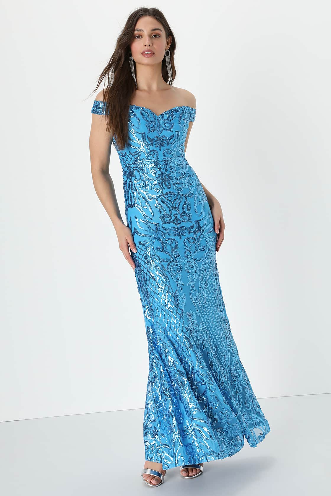 Cerulean Sequin Dress Blue OTS Maxi Dress Mermaid Maxi Dress Lulus