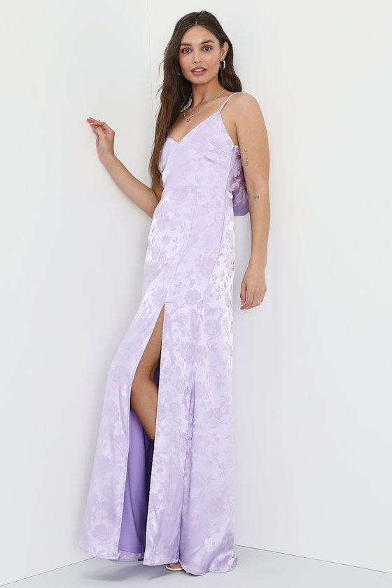 Divine Elegance Lavender Satin Floral Jacquard Cowl Maxi Dress 1