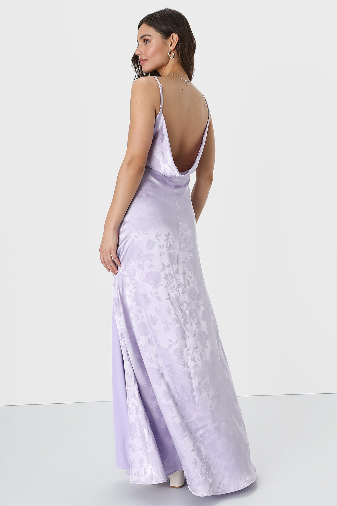 Divine Elegance Lavender Satin Floral Jacquard Cowl Maxi Dress