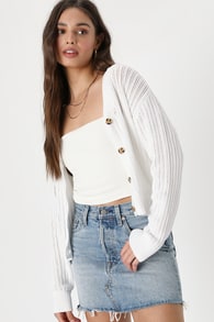 Fresh Feeling White Open Knit Button-Up Cardigan Sweater