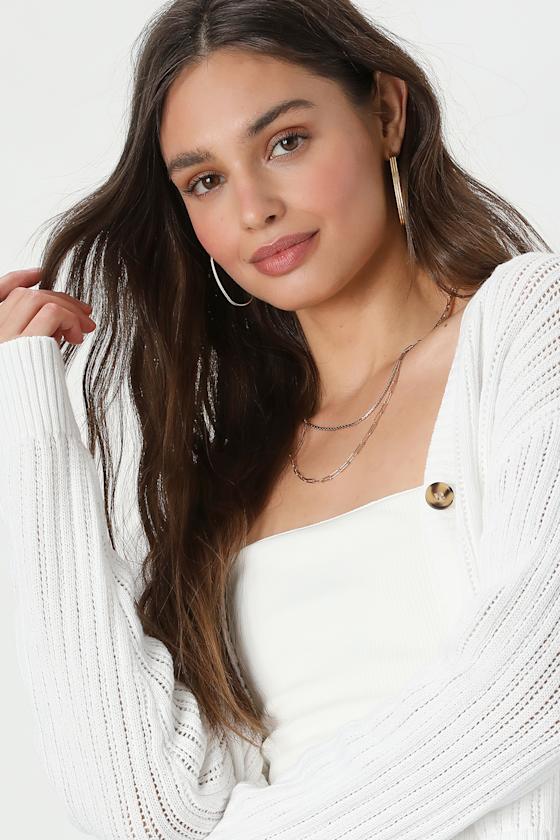 Fresh Feeling White Open Knit Button-Up Cardigan Sweater - thumbnail 4