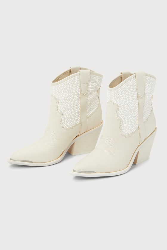 Nashe Off-White Nubuck Leather Pearl Western Ankle Boots