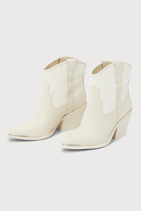 Nashe Off-White Nubuck Leather Pearl Western Ankle Boots 1