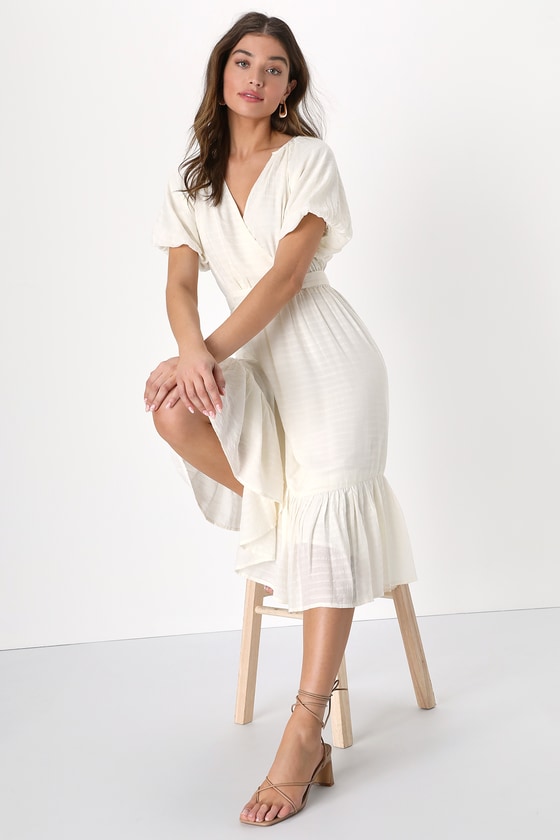 Cream Midi Dress - Surplice Puff Sleeve Dress - Tiered Midi Dress