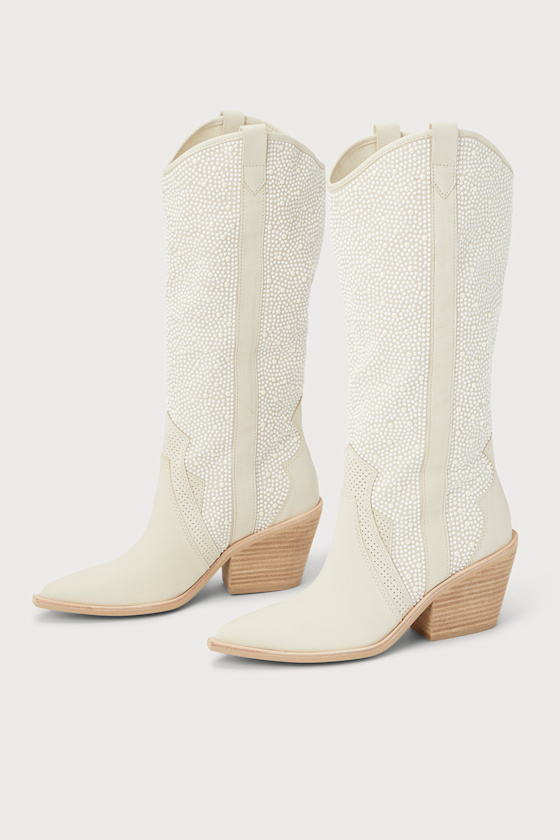 Navene Off-White Leather Pearl Knee-High Western Slip-On Boots 1