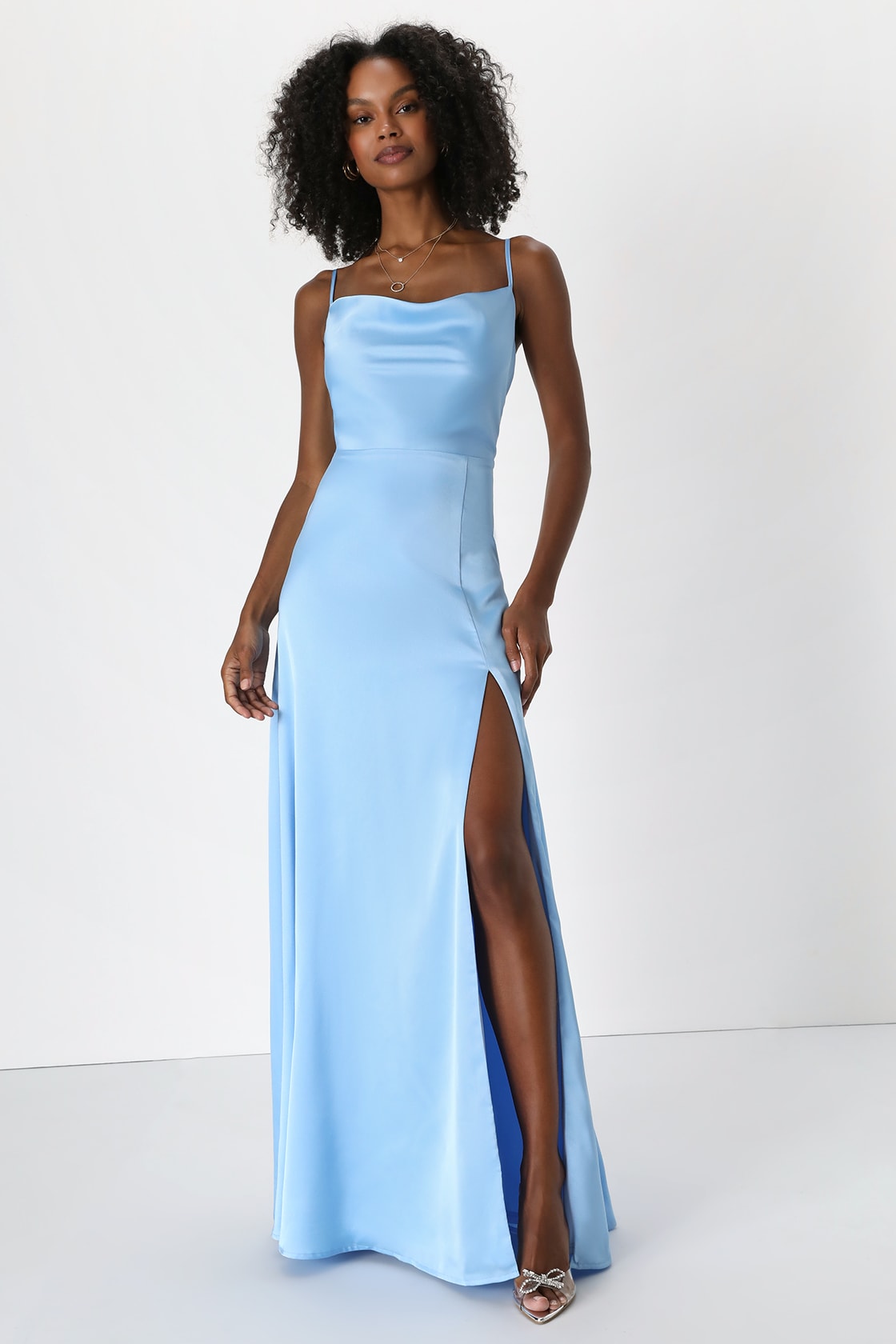 Formal Invitation Light Blue Satin Cowl Neck Maxi Dress