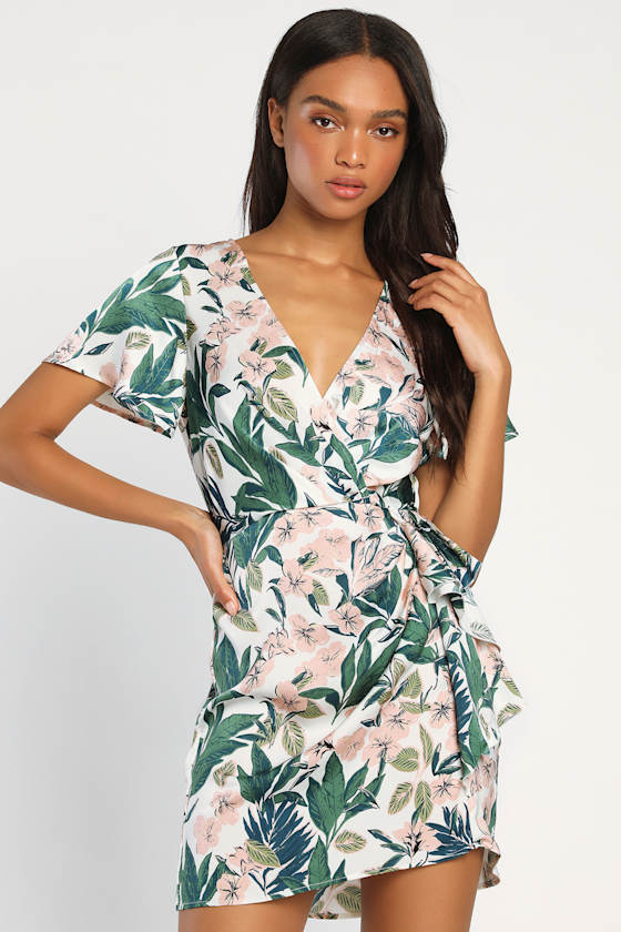 Lush Loving White Tropical Floral Flutter Sleeve Mini Dress 1