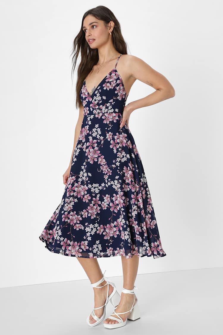 Navy Blue Floral Print Dress - Midi Skater Dress - Lace-Up Dress - Lulus