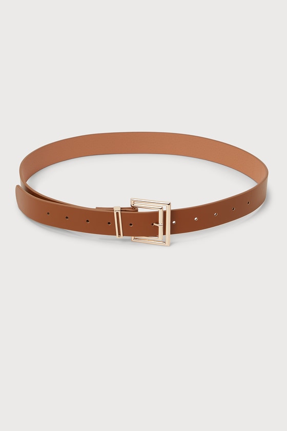 Cutout Buckle Belt - Gold Buckle Belt - Cognac Faux Leather Belt - Lulus