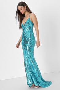 Daring Debut Teal Sequin Lace-Up Mermaid Maxi Dress