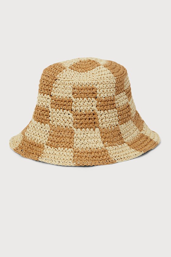 Sunshine Check Beige and Tan Checkered Straw Bucket Hat