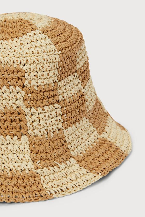 Sunshine Check Beige and Tan Checkered Straw Bucket Hat - thumbnail 3