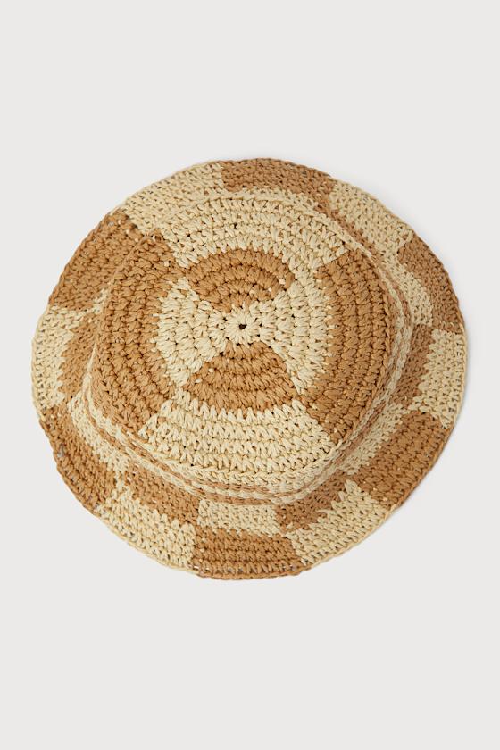 Sunshine Check Beige and Tan Checkered Straw Bucket Hat - thumbnail 4