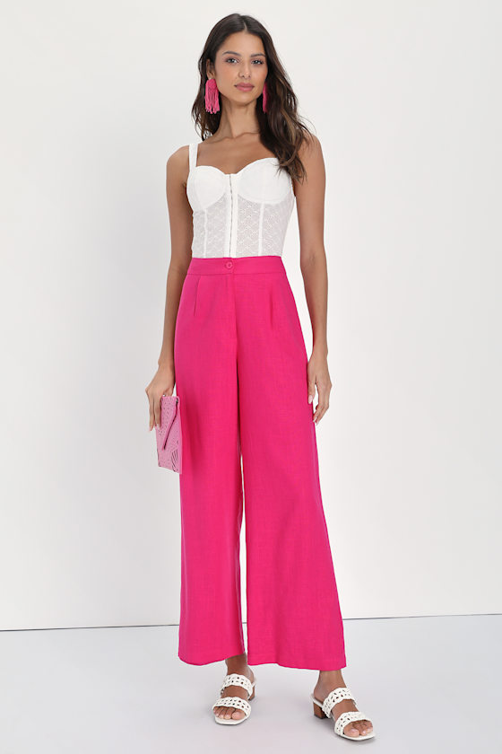Fuchsia Plaid Women's Wide Leg Pants