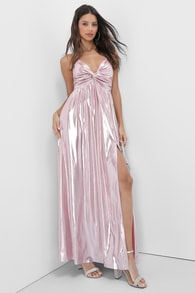 Fabulous Finesse Light Pink Metallic Twist-Front Maxi Dress