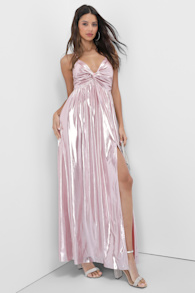 Fabulous Finesse Light Pink Metallic Twist-Front Maxi Dress 1