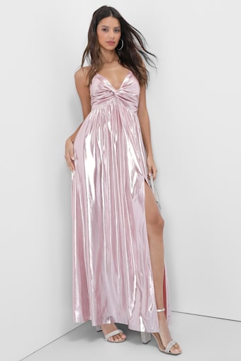 Fabulous Finesse Light Pink Metallic Twist-Front Maxi Dress 1